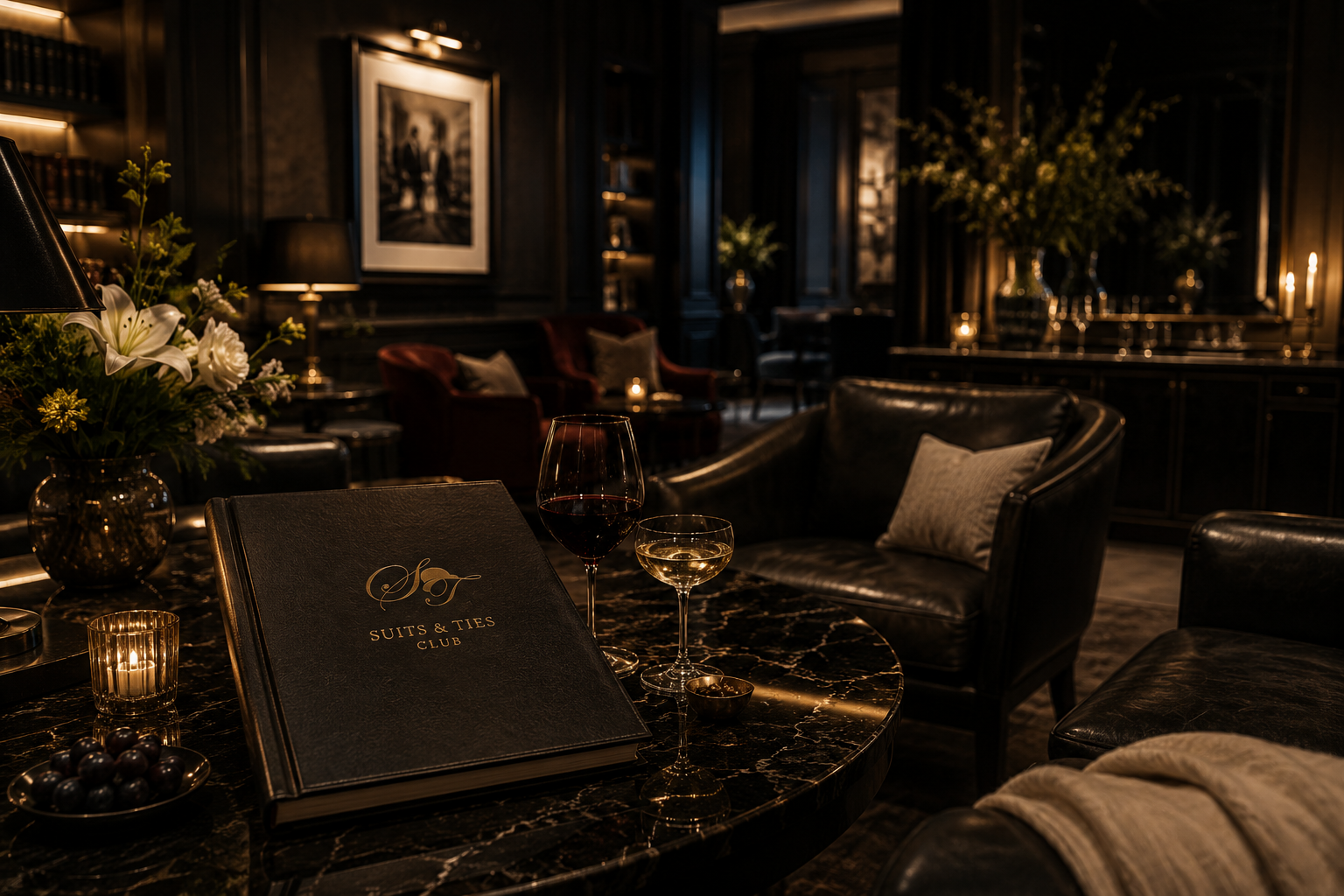 An elegant Suits & Ties Club lounge — candlelight, leather, and the Suits & Ties guest book
